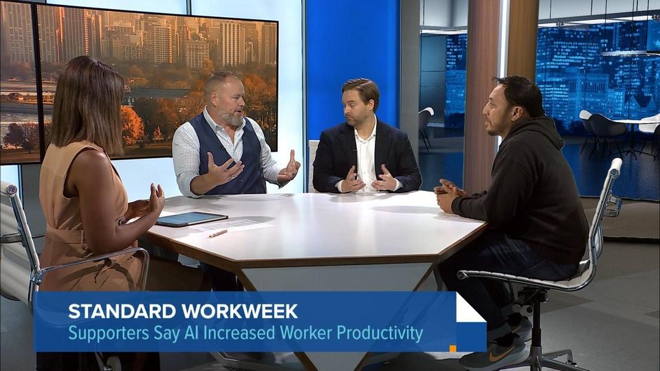 WTTW Chicago Tonight segment thumbnail: Jay Aldebert debating the 32-hour workweek bill