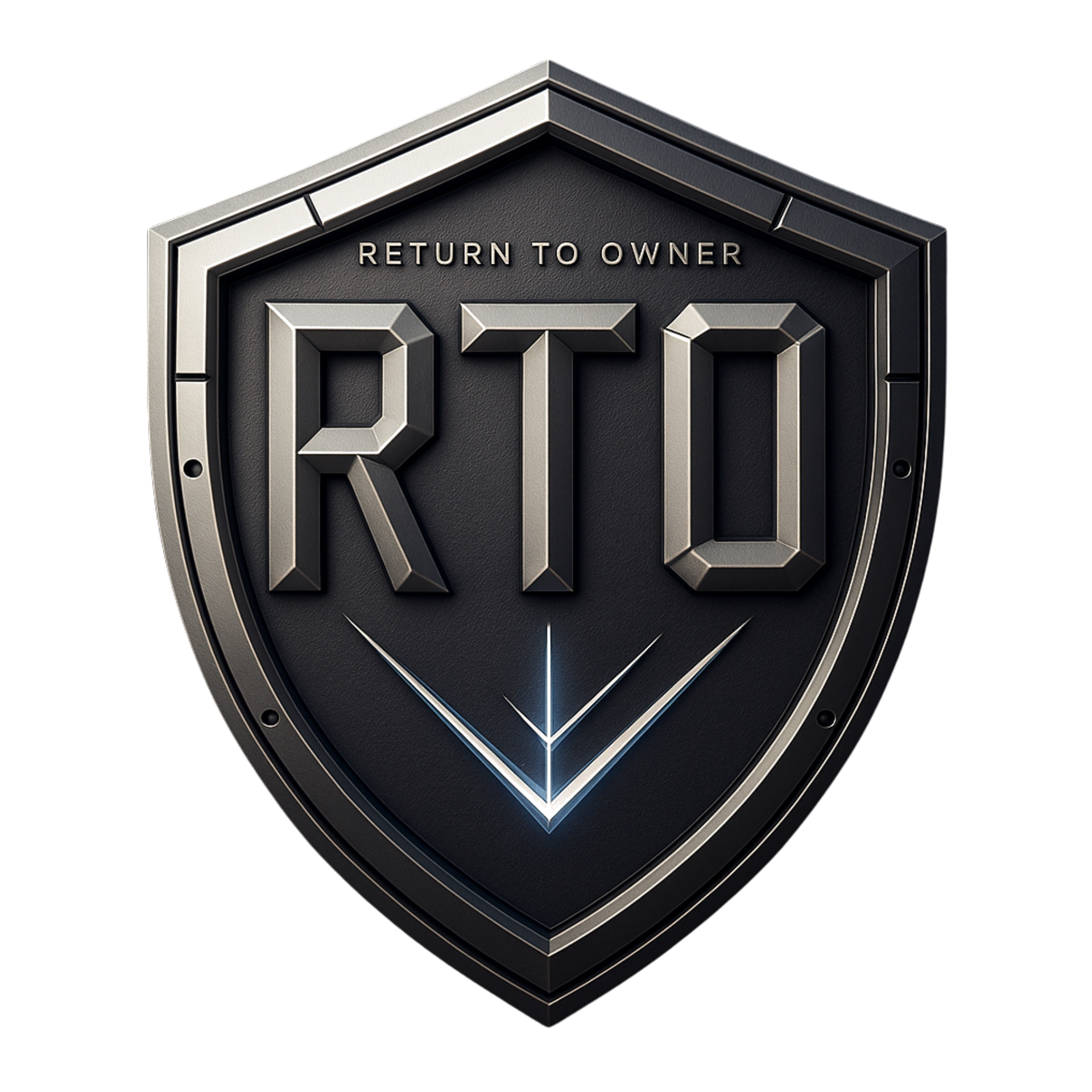 Return to Owner (RTO) metallic shield emblem with a downward chevron