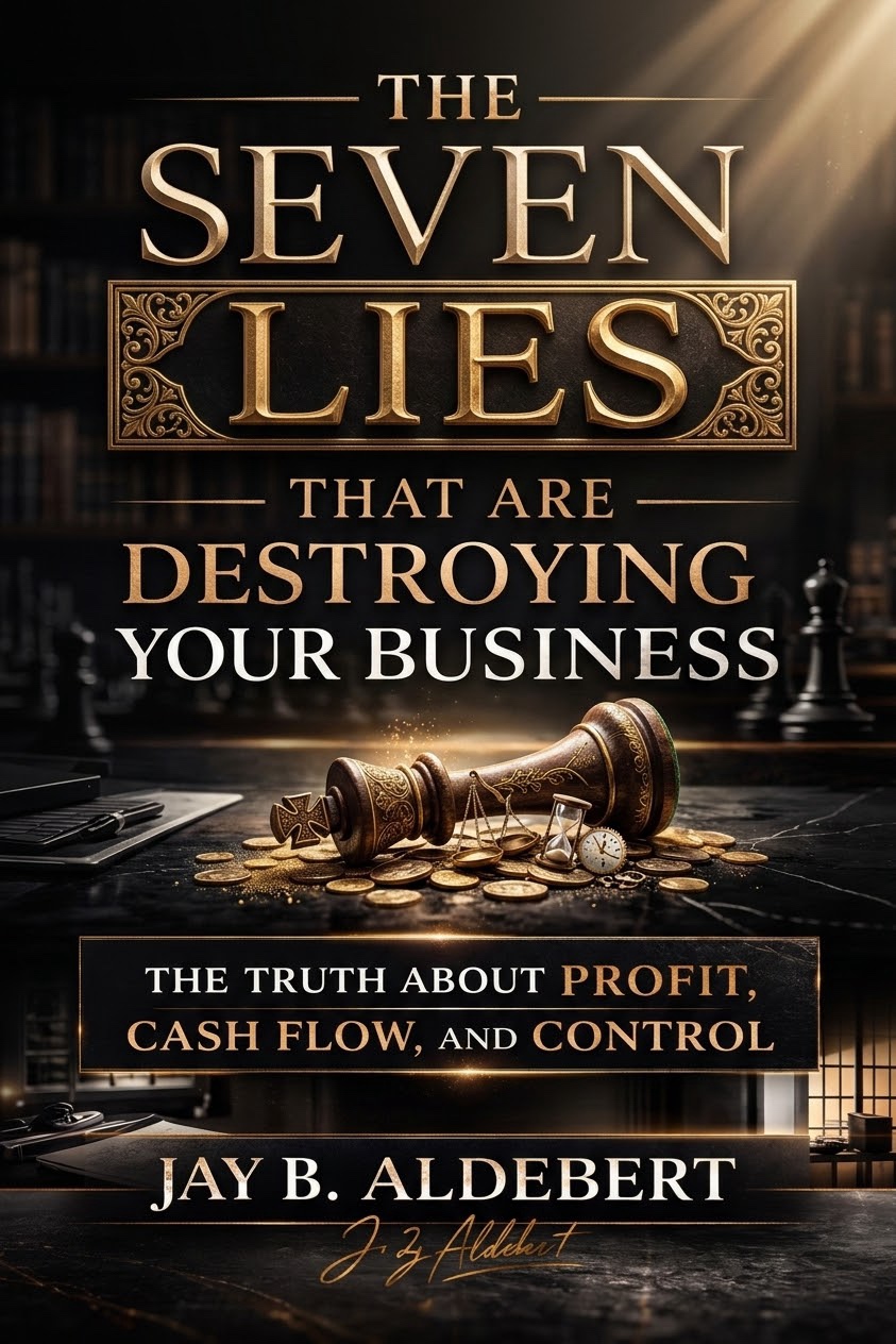 Book cover: The Seven Lies That Are Destroying Your Business, gold title over a dark library with chess pieces, an hourglass, and gold coins, by Jay B. Aldebert